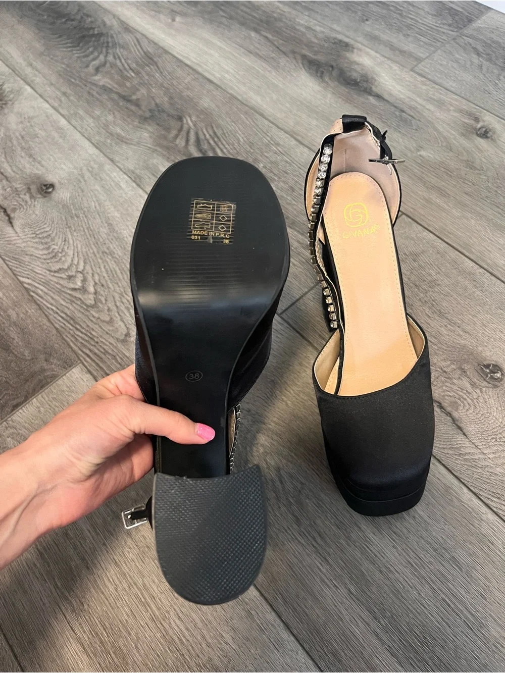 Women's Black Platform Block Heel Pumps with Rhinestone Strap